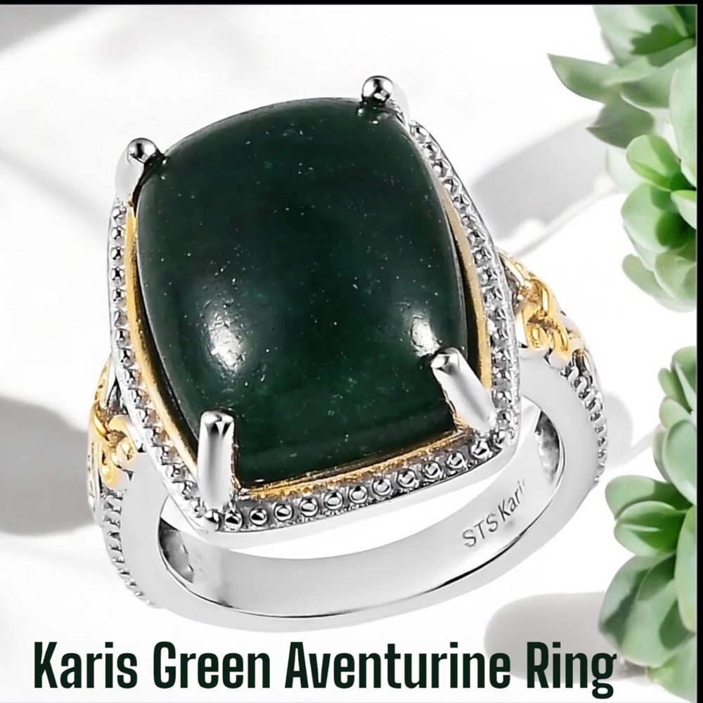 Karis Green Aventurine Ring In 18K YG Plated & Platinum Bond Size 7.75 NWOT